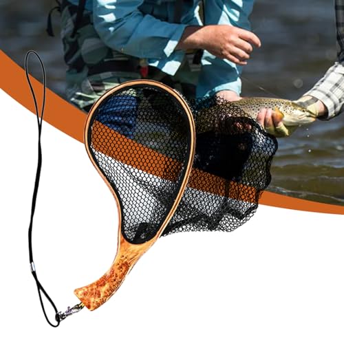 Fishing Landing Net Wooden Handle Black Mesh Catch-Release | Trout Net for Fishpond Bass Fishing