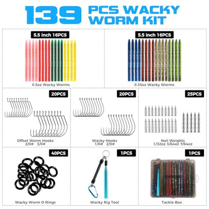 TOPFORT Fishing Lures, Bass Fishing Kit with Wacky Worm, Fishing Worms for Bass Fishing, Soft Plastic Baits with Hooks, Weights, Fishing Accessories, Fishing Gear Fishing Gifts for Men with Tackle Box