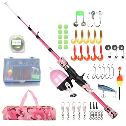 Kids Fishing Rod and Reel Combo Full Kit 1.2m/1.5m Telescopic Casting Rod Pole with Spincast Reel and Hooks Lures Swivels Carry Bag - color: Pink, size: 1.5 m
