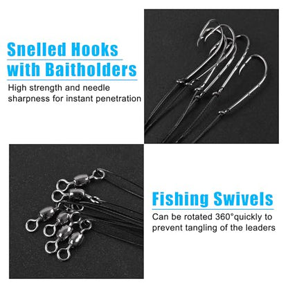 Saltwater Snelled Fishing Hooks with Leader Rig, 24pcs Steel Fishing Wire Leaders with Hook Swivel 11.9in Pre-Tied Wire Trace for Saltwater Freshwater Toothy Predators Bluefish Mackerel - size: 1/0_24pcs