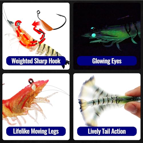 3Pcs Shrimp Fishing Lures for Saltwater and Freshwater Soft Bait Pre-Rigged Glow Eyes Lifelike Silicone Prawn Jig for Bass Trout Redfish Flounder Crappie Snook Walleye Fishing - color: 3 in 3pcs