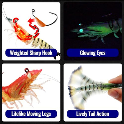 3Pcs Shrimp Fishing Lures for Saltwater and Freshwater Soft Bait Pre-Rigged Glow Eyes Lifelike Silicone Prawn Jig for Bass Trout Redfish Flounder Crappie Snook Walleye Fishing - color: 3 in 3pcs