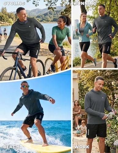 PINSPARK UPF 50+ Sun Protection Hoodie Men with Mask Quick Dry Long Sleeve Fishing Hiking Shirts UV Rash Guard Lightweight - color: Dark Grey, size: Medium