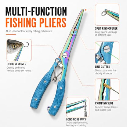 YINEE Fishing Pliers and Fish Lip Gripper Set, Stainless Steel Fishing Gear, Saltwater Hook Remover Split Ring Tool - color: Blue-Fishing Pliers&Fish Lip Grippe