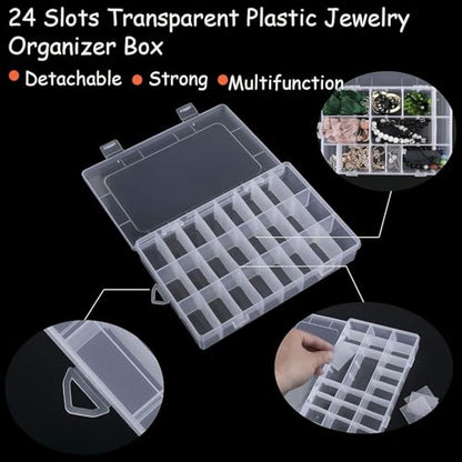AKOAK 24 Grids Clear Plastic Organizer Box with Adjustable Dividers, Craft Storage Bead Organizer Box for Nail Accessories, Fishing Gear, Art DIY Crafts, Beads -Pack of 1