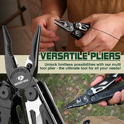 MOSSY OAK 19-in-1 Multitool Pliers Stainless Steel Self-Locking | Includes fire starter, window breaker, whistle, and sheath for camping, hiking, survival, and outdoor adventures - style: 19-in-1 with Fire Starter & Whistle