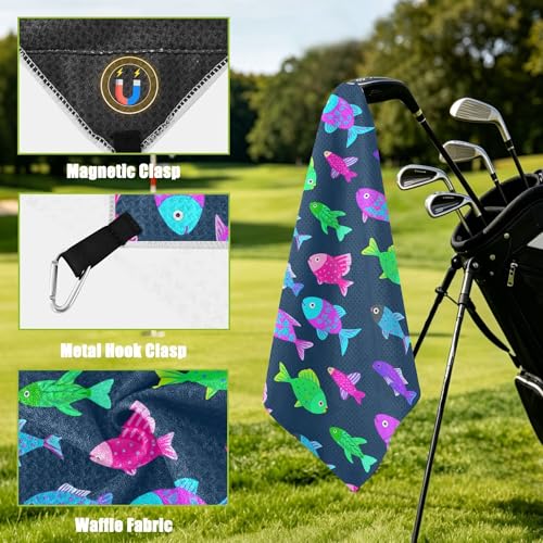 Fish 2 Pack Waffle Pattern Golf Towels, 17.7"x17.7" Square Golf Towel with Carabiner Clip and Magnetic Snap for Cleaning Golf Ball, Club