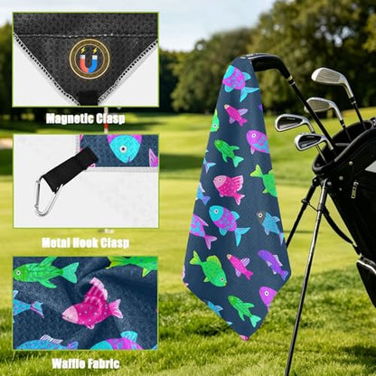 Fish 2 Pack Waffle Pattern Golf Towels, 17.7"x17.7" Square Golf Towel with Carabiner Clip and Magnetic Snap for Cleaning Golf Ball, Club