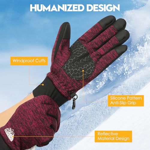 Bruvoalon Winter Gloves for Women & Men, 3M Thermal Insulation, Lycra Fabric, Touchscreen, Anti-Slip - color: Black/Red, size: Small