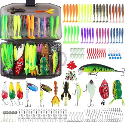 220 Pcs Fishing Lures Equipment Tackle Gear Box for Bass, Fish Kit with Soft Lures,Hooks, Accessories Tools,Frog,Worms,Plastic Bait, Swimbait,Crappie Jigs,Crankbaits, Gifts for Men