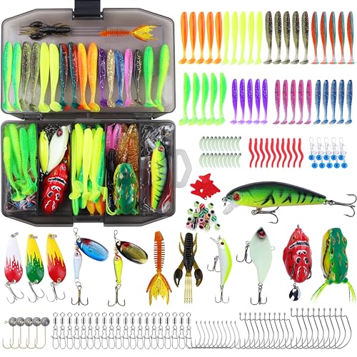 220 Pcs Fishing Lures Equipment Tackle Gear Box for Bass, Fish Kit with Soft Lures,Hooks, Accessories Tools,Frog,Worms,Plastic Bait, Swimbait,Crappie Jigs,Crankbaits, Gifts for Men
