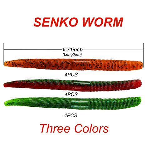 Senko Bait, 12PCS Fishing Soft Plastic Lures, 5.71inch Worms Bass Fishing Lure Kit Rubber Stick Baits with Salt for Wacky Rig Saltwater Freshwater