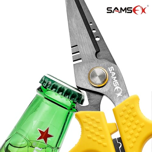 SAMSFX Fishing Braid Line Scissors Shears with Titanium Coating and Dual-Serrated Blade, Kraton Handle, Arrives with Hard Sheath and Coiled Lanyard (Yellow Kraton Handle) - color: Yellow Kraton Handle