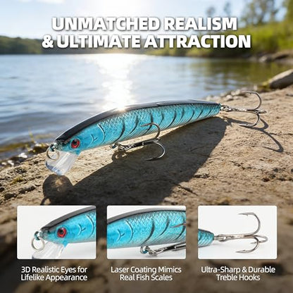 10Pcs Minnow Fishing Lures Set, Shallow Diver Jerkbait with Built-in Sonic Vibrations, Life-Like Bionic Swimbait with Sharp Treble Hooks for Bass, Trout, Walleye, Saltwater & Freshwater - size: 3 3/4inch, 1/4 oz