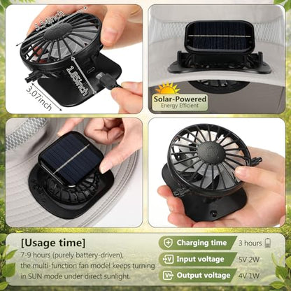 Maiteenly 2 Pcs Solar Fan Hat for Men with Neck Flap Bucket Fan Buit in Hats for Hiking Fishing Outdoor USB and Solar Powered - color: Black, Light Gray