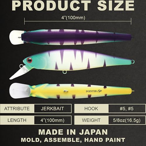 LUCKY CRAFT Pointer 100SP, Jerkbait Side by Side Action Tournament Winning Perfect Wobbling Freshwater Lake Bass Fishing Champion Bait - color: 245 Mat Tiger
