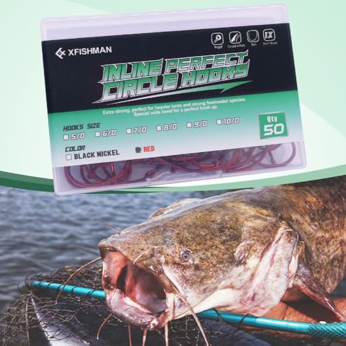 XFISHMAN-Inline-Circle-Hooks-Saltwater-Freshwater-for-Catfish-Tuna-Bass-Octopus-Hooks-Big-Hook-Fishing 50 Pack - color: Red, size: 7/0 50-Pack