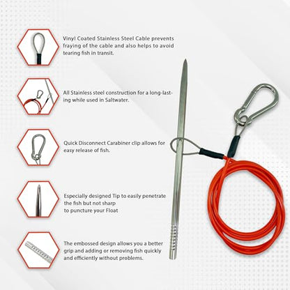Fish Stringer for Spearfishing with Coated Stainless Steel Cable and Heavy Duty Carabiner (Float Fish Stringer)
