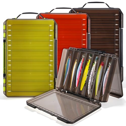 3 Pack Fishing Lure Boxes Tackle Storage Plastic Double Sided Fishing Tackle Organizer with Dividers for Hooks Crankbaits Kayak Boat Freshwater Saltwater Orange Gray Yellow 10.6" × 7.5" × 2.0"