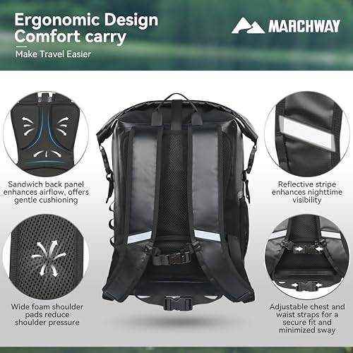 MARCHWAY Roll Top Waterproof Backpack, Floating Dry Bag 20L/30L/45L with Ergonomic Rectangular Base, Cushioned Back, Hip Strap for Hiking Camping Kayaking Travel (Black, 30L) - color: Black, size: 30L