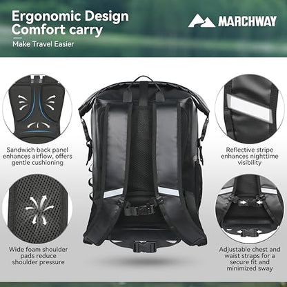 MARCHWAY Roll Top Waterproof Backpack, Floating Dry Bag 20L/30L/45L with Ergonomic Rectangular Base, Cushioned Back, Hip Strap for Hiking Camping Kayaking Travel (Black, 30L) - color: Black, size: 30L
