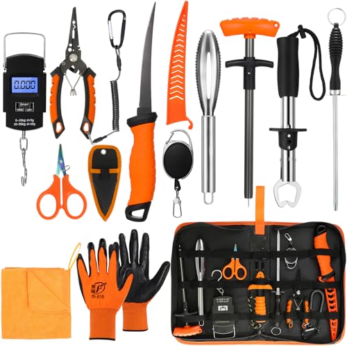 RoundFunny 14 Pcs Fishing Tool Kit, Fillet Knife, Fishing Pliers with Lanyard, Digital Scale, Lip Gripper, Hook Remover Fish Scaler Braid Scissors Gloves Sharpening Rod Retractor Towel Bag - color: Orange, style: B
