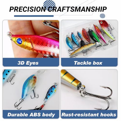 8-Piece Hard Bait Lure Set, Minnow Popper Crankbait Kit for Bass Trout Fishing, 3g-12g Sinking/Floating Lures with Sharp Hooks for Freshwater and Saltwater