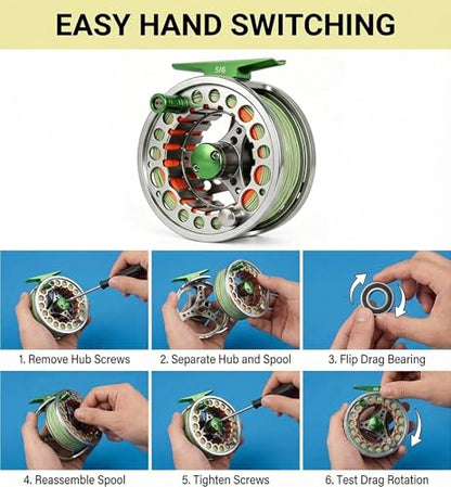 Fly Fishing Reel with Aluminum Alloy Body 5/6wt Die Cast Pre-Loaded Fly Reel with Line Combo for Trout Bass Carp Pike Panfish - color: Green