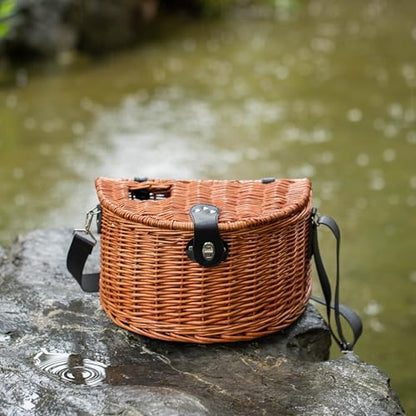 Vintiquewise Wicker Fishing Creel with Faux Leather Shoulder Strap