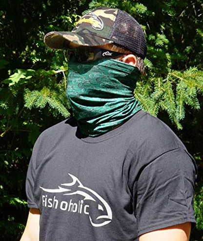 Fishoholic Fishing Face Mask Neck Gaiter Hunting Buff - 3 Colors - UPF50+ Sun Protection Fishaholic Fishing Gift - color: Green Fisho Camo