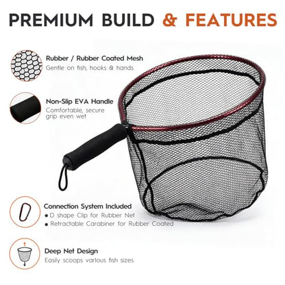 BasicGear Ultra-Light Aluminum Landing Net – Soft Mesh, Lightweight Frame, EVA Floating Non-Slip Grip, Anti-Loss Rope & Carabiner Clip, for Flying Fishing and Kayak Fishing