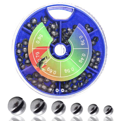 205pcs/117pcs Fishing Weight Sinker 5 Sizes/6 Sizes Lead Weights Round Split Shot Sinker Drop Lead Weights No-Roll Olive Heart Removable Fishing Line Sinkers Kit - color: B-round sinkers 117pcs 6sizes