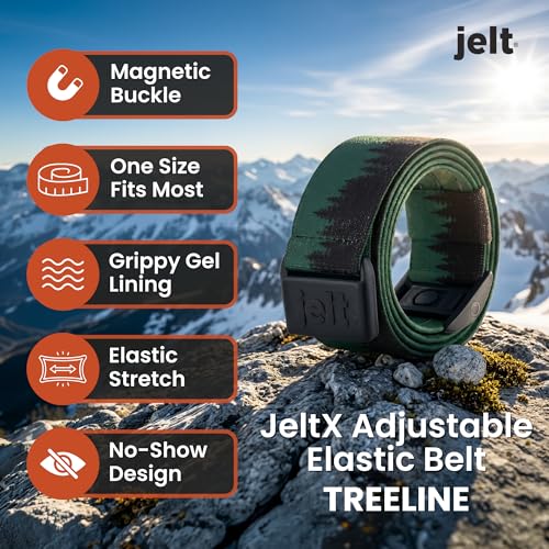 JeltX Adjustable Elastic Belts for Men and Women, Non-Slip Stretch Belt with Magnetic Belt Buckle and Grippy Gel - color: Treeline