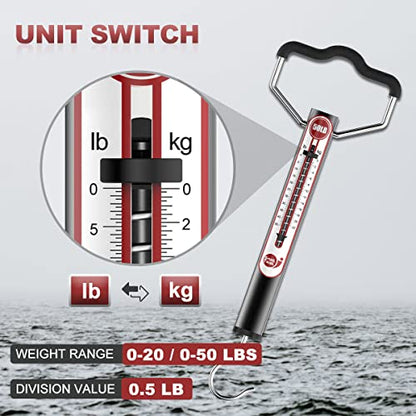 SNAIL TRAIL 20 LB / 50 LB Aluminum Tube Spring Fish Scale with Peak Weight Marker & Zero Reset, Mechanical Fishing Weighing Gauge with Hook, Non-Digital Hand Held Pull Weigher, Hanging Drag Scale - color: 50lbs