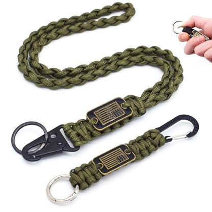 Heavy Duty Braided Paracord Lanyard Keychain with USA Flag, Parachute Rope Necklace Keychains, Braided Strong Lanyard - color: 2 Pcs Army Green
