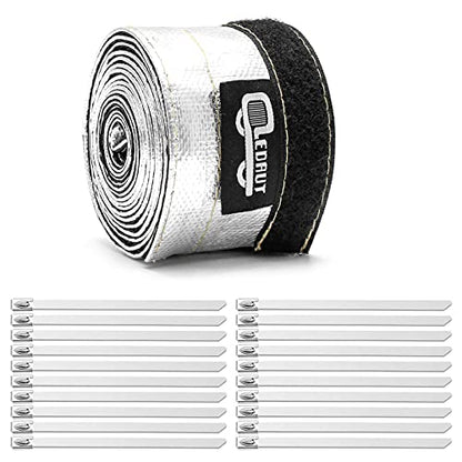 Heat Shroud Aluminized Sleeving Heat Shield fuel line wire heat sleeve 1/2" I.D. x 10FT with 20 Pcs 3.9Inch Stainless Steel Cable Metal Zip Ties - size: 1/2"I.D.x 10FT