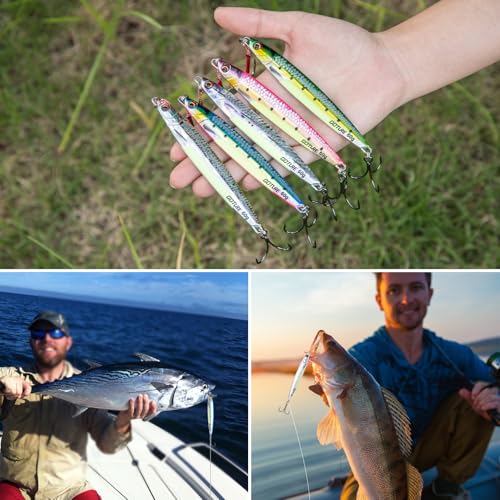 Goture Fishing Jigs, 40g 60g 80g Vertical Jig Saltwater Freshwater, Jig Fishing Lures with Assist Hook and Treble Hook, 5PCS Jigging Spoon Lures, Speed Fast Fall Jigs for Tuna,Salmon,Bass - color: B:5pcs Fishing Jigs, size: 80g