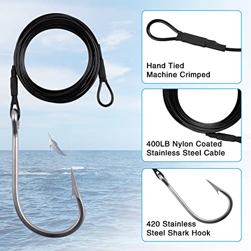Fishing Shark Rig,2pcs Surf Fishing Leader Rigs with Tuna Shark Hooks Stainless Steel Cable Leader Wire Rig Deep Sea Fishing Hooks Big Game Leader Rig for Shark Tuna Toothy - size: 8/0-2Packs