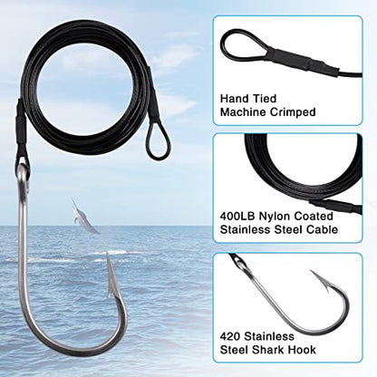 Fishing Shark Rig,2pcs Surf Fishing Leader Rigs with Tuna Shark Hooks Stainless Steel Cable Leader Wire Rig Deep Sea Fishing Hooks Big Game Leader Rig for Shark Tuna Toothy - size: 12/0-2Packs