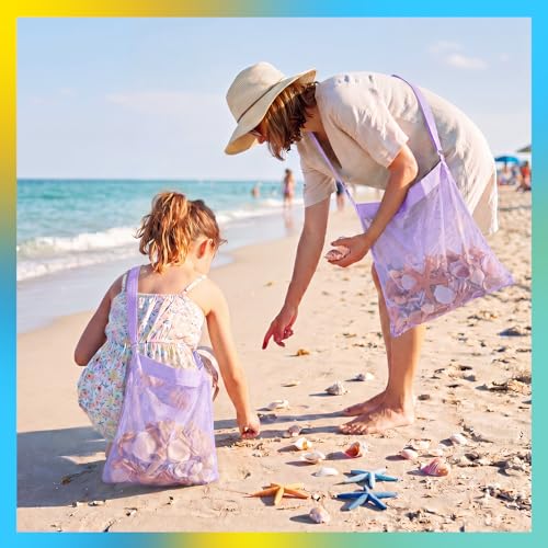 VioraWhite 2 Pcs Extra Large 14 x 16inch Clam Mesh Chum Beach Bags for Seashells Clams Treasures Sand Away Foldable Shell Collection Bags with Adjustable Straps (Purple) - color: Purple