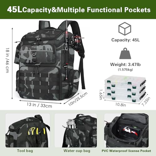 Fishing Backpack with 2 Rod Holders, Large Water Resistant Tackle Storage Bag for Fishing Gear, Fishing Bag Gifts for Men - color: Camouflage