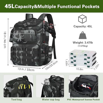 Fishing Backpack with 2 Rod Holders, Large Water Resistant Tackle Storage Bag for Fishing Gear, Fishing Bag Gifts for Men - color: Camouflage