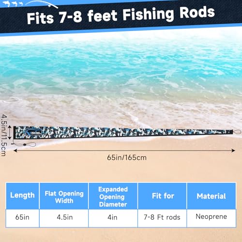 Neoprene Fishing Rod Sleeves for Casting, Spinning, Trolling Pole - Protective Cover Rod Sock with Hanging Loop & Lanyard- Floating, Puncture Resistant, Lightproof - size: 65", style: 10 Pcs