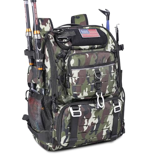 Bagenerous 39L Fishing Tackle Backpack with Rod Holders & Cooler,Water-resistant Fishing Gear Storage Bag with Protective Rain Cover,Camouflage - color: Camouflage