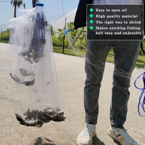 Drasry Saltwater Fishing Cast Net 3/8 and 1/4 Mesh with Heavy Duty Gray Sinker American Monofilament Fish Throw Net for Bait Trap 3FT 4FT 5FT 6FT 7FT 8FT 9FT Radius - size: 8FT Radius, style: 3/8 Mesh 0.6 Lb/Ft