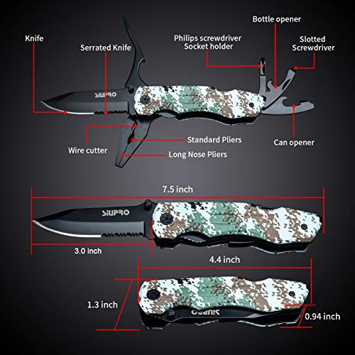 SIUPRO Multitool Pocket Knife Set for Men, Multipurpose 9-in-1 screwdriver kit, Multi Tool Pliers for Camping, Survival with Nylon Sheath, Gifts Idea, Camo - style: Camo
