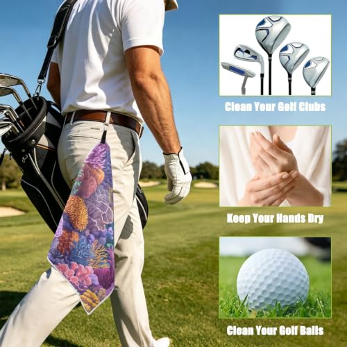 Reef Yellow Fish Blue Print Magnetic Golf Towel for Golf Bags Microfiber Golf Essentials for Women Men with Carabiner Clip Attaches to Clubs and Carts, 17.7"x17.7"