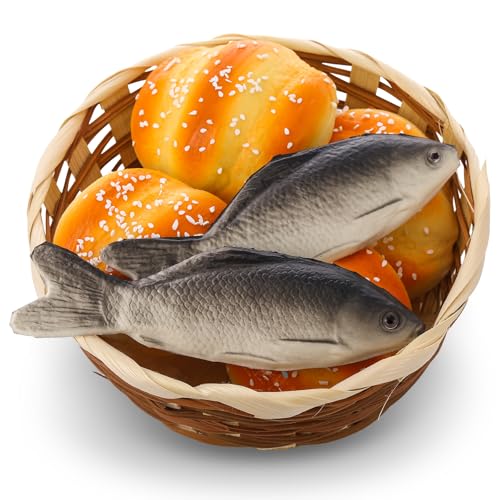 Shappy 8 Pcs Jesus Miracle Loaves and Fish Decorations Include 2 Fake Fish and 5 Fake Artificial Bread with a Basket Sunday and Religious Learning Activities(Crucian Carp) - style: Crucian Carp