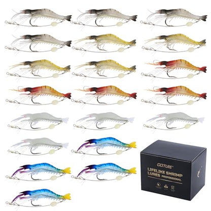 Goture Soft Shrimp Lures Fishing Saltwater Luminous Shrimp Bait Set Fishing Lures with Sharp Hooks for Freshwater Saltwater Trout Bass Salmon Crappie Walleye Pike Perch - color: C:20pcs Shrimp Lures-3.54in/0.21oz