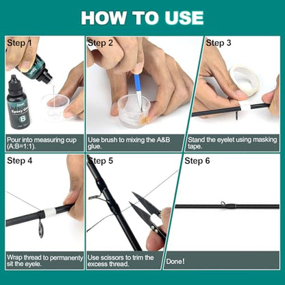 Fishing Rod Repair Supplies Kit - 40ml A&B Epoxy Glue, Wrapping Thread, Tape, and Other Accessories - Design to Bond & Hold Pole Tip, Rod Eyelet, Fishing Rod Replacement - for Men